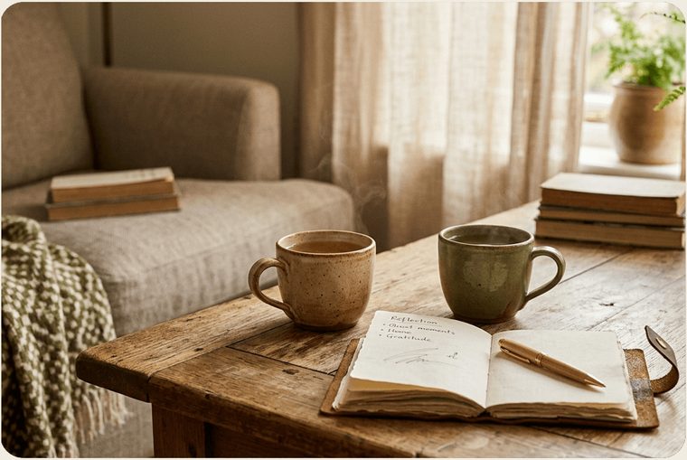 Duas chávenas de chá e um caderno aberto sobre uma mesa de madeira