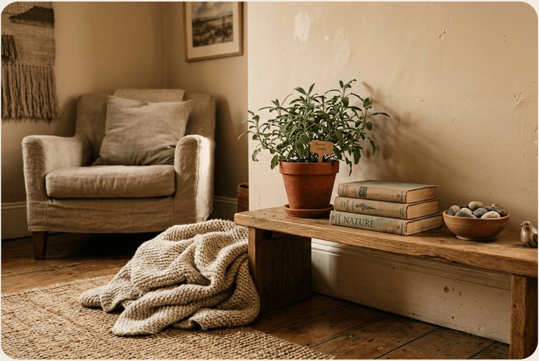 Cadeirão com manta de tricô, livros e uma planta, num canto tranquilo do consultório