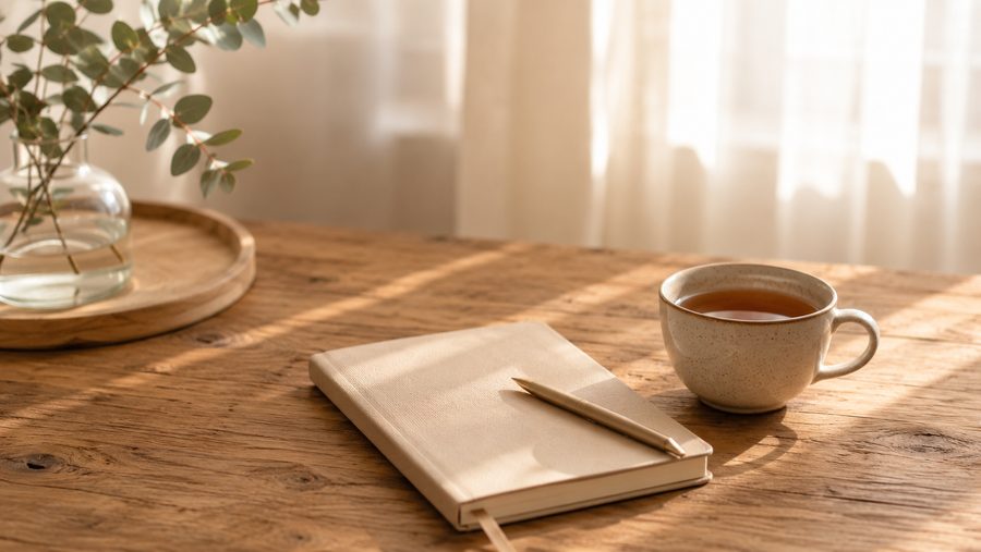 Caderno e chávena de chá sobre mesa de madeira, com luz suave de janela