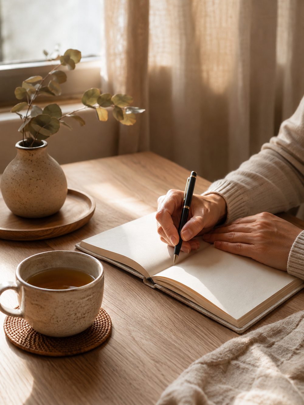 Mãos a escrever num caderno, com uma chávena de chá ao lado e luz de janela