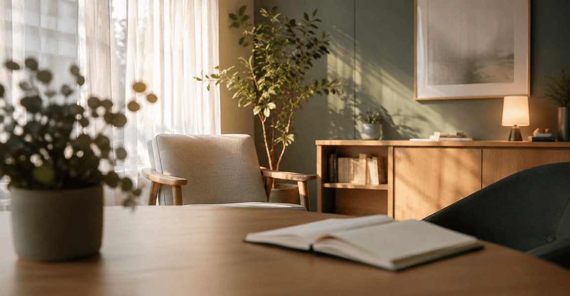 Sala de consulta com poltrona, planta e caderno aberto, iluminada por luz natural