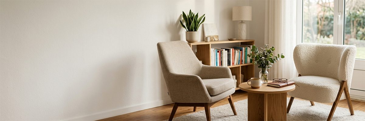 Sala de espera com duas poltronas, mesa baixa e estante de livros, iluminada por luz de janela