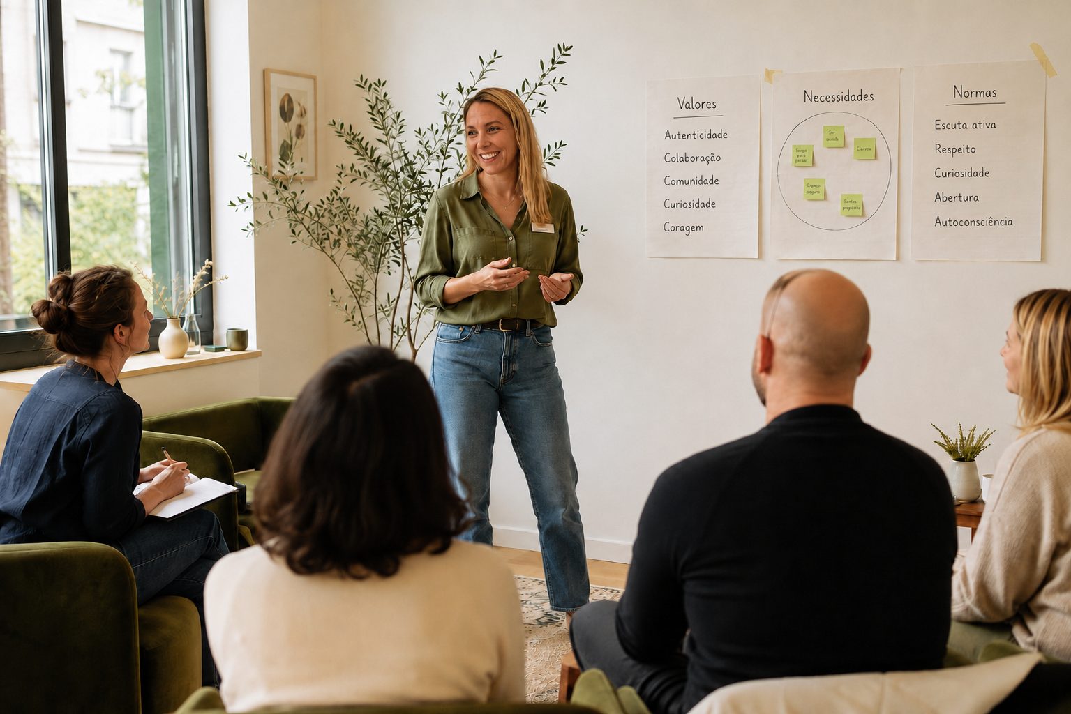 Workshop de bem-estar psicológico para equipas, numa sala luminosa em contexto empresarial